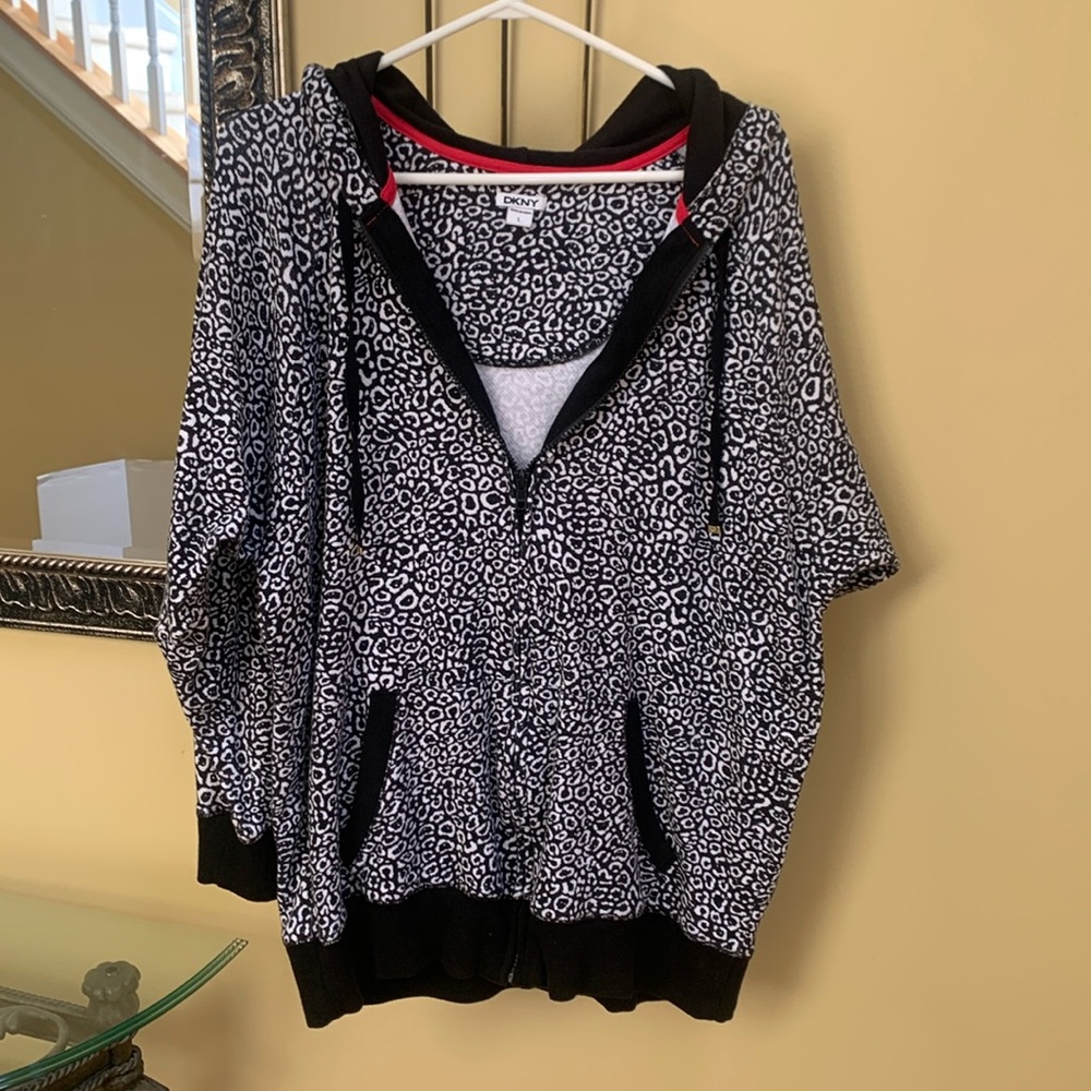 DKNY women's L Black White Animal print hoodie pockets full zip